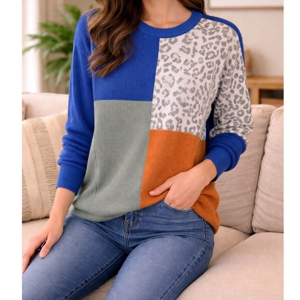 Womens Colorblock Waffle Knit Sweater Leopard Print Crew Neck Pullover Multi
